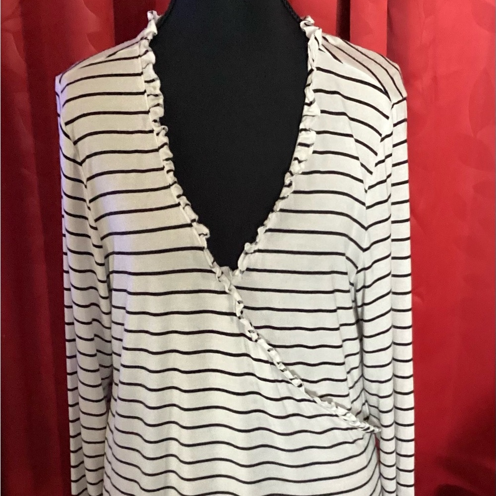 Nordstrom Cream and Black Striped V-Neck Blouse